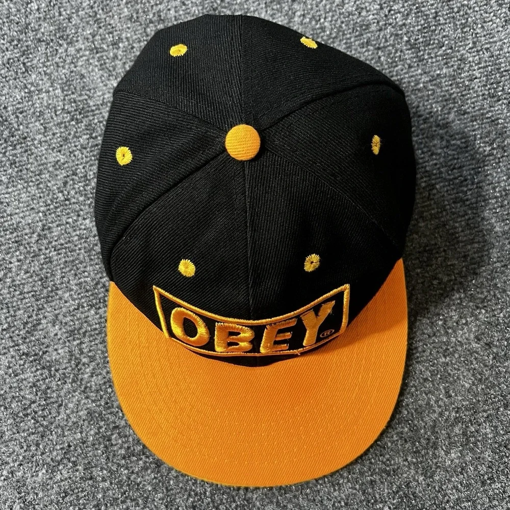 Vintage Obey Skateboarding Snapback Hat Black Yellow Orange One Size